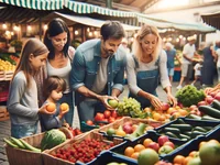 Семья выбирает овощи на рынке