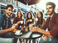 Друзья за кофе на террасе