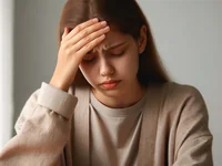 Девушка держит лоб