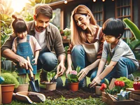 Семья сажает цветы